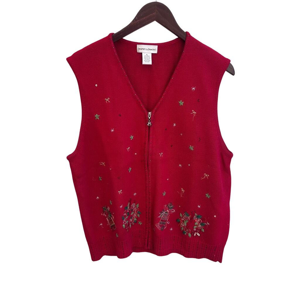 Vintage Christmas Sweater Vest Red Embroidered Zip XL